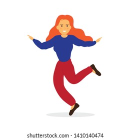 Dancing happy woman vector flat illustration.