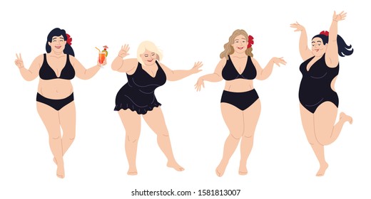Dancing happy women in black swimming suits.  Plus size girls isolated on white background. Vector illustration body positive,  summer beach party concept.