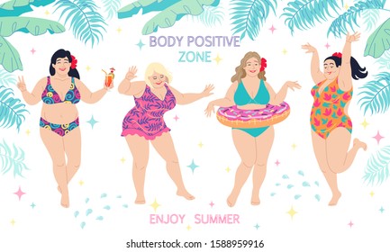 Dancing happy women in colorful swimming suits. Plus size girls and palm fronds border on white. Body positive zone, enjoy summer, beach party concept. Fun holiday background vector flat illustration.