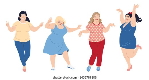 Dancing happy women.  Plus size girls isolated on white background. Vector illustration body positive concept.