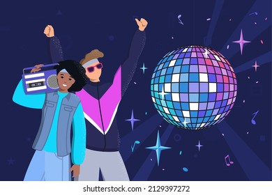 Dancing happy young people on the background of a nightclub with a disco ball and a tape recorder. Retro disco, night club, party, music background with people in vintage style. Flat vector.