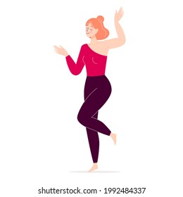 Dancing happy young woman. Disco, sports activity, fitness, movement. Love to yourself and your body. Illustration in flat style isolated on white background