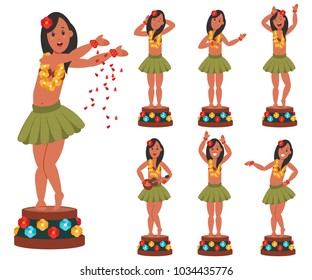 Dancing Hawaiian Doll For Car. Vector Cartoon Character Set Of Hula Bobble Girl With Flower Lei Isolated On White Background. Flat Icons Collection.