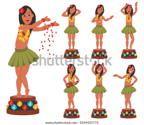 車用に踊るハワイ人形 白い背景にフラのボビングル女の子と花レイのベクター漫画のキャラクターセット フラットアイコンコレクション のベクター画像素材 ロイヤリティフリー