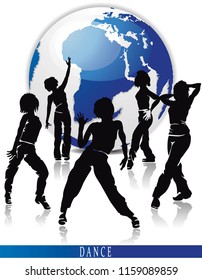 Dancing hip-hop people. Elegant template with group of young detailed silhouettes of girls. Vector illustration for print or background