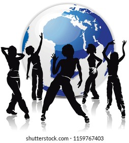 Dancing hip-hop people. Elegant template with group of young detailed silhouettes of girls. Vector illustration for print or background