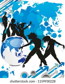Dancing hip-hop people. Elegant template with group of young detailed silhouettes of girls. Vector illustration for print or background
