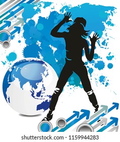 Dancing hip-hop people. Elegant template with young detailed silhouette of girl. Vector illustration for print or background