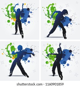Dancing hip-hop people. Elegant template with group of young detailed silhouettes of girls. Vector illustration for print or background