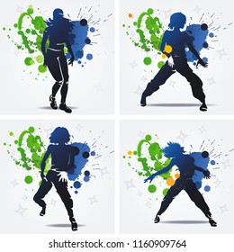 Dancing hip-hop people. Elegant template with group of young detailed silhouettes of girls. Vector illustration for print or background