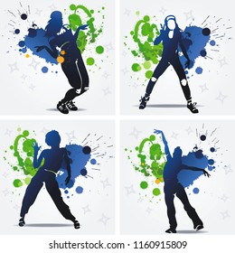Dancing hip-hop people. Elegant template with group of young detailed silhouettes of girls. Vector illustration for print or background