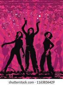 Dancing hip-hop people. Elegant template with group of young detailed silhouettes of girls. Vector illustration for print or background