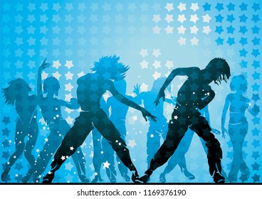 Dancing hip-hop people. Elegant template with group of young detailed silhouettes of girls. Vector illustration for print or background