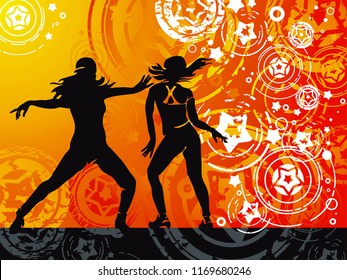 Dancing hip-hop people. Elegant template with group of young detailed silhouettes of girls. Vector illustration for print or background