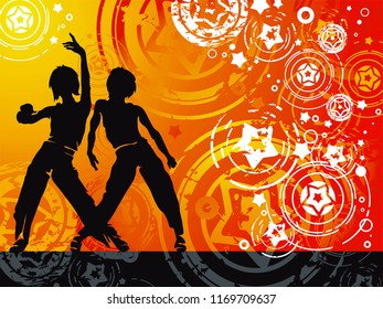 Dancing hip-hop people. Elegant template with group of young detailed silhouettes of girls. Vector illustration for print or background
