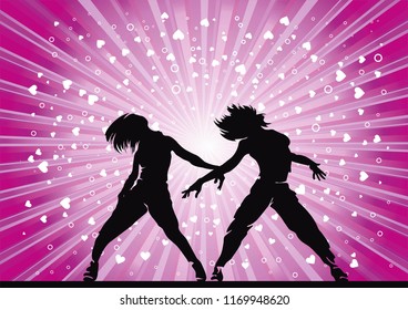 Dancing hip-hop people. Elegant template with group of young detailed silhouettes of girls. Vector illustration for print or background