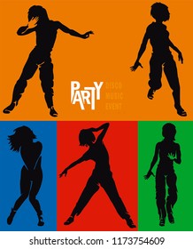 Dancing hip-hop people. Elegant template with group of young detailed silhouettes of girls. Vector illustration for print or background