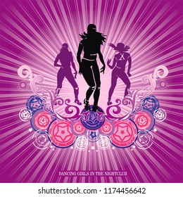 Dancing hip-hop people. Elegant template with group of young detailed silhouettes of girls. Vector illustration for print or background