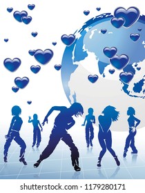 Dancing hip-hop people. Elegant template with group of young detailed silhouettes of girls. Vector illustration for print or background