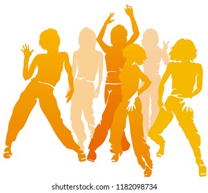 Dancing hip-hop people. Group of young detailed silhouettes of girls. Vector illustration for print or background
