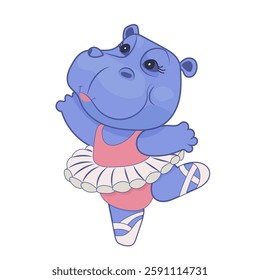 Dancing hippopotamus illustration. Funny hippo ballerina in ballet skirt. Vector for design, banners, children's books and patterns.