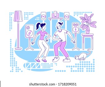 Dancing At Home Flat Silhouette Vector Illustration. Family Activity While Staying Indoors. Recreation Inside House. Couple Outline Characters On Blue Background. Weekend Simple Style Drawing