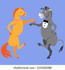 Dancing horse and donkey with a jazzbow. Fine for a greeting card, home pages and invitations to parties and gigs.