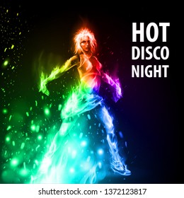 Dancing Hot Girl in Fire Rainbow Color on Black Background. Hot disco Night