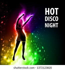 Dancing Hot Girl in Rainbow Color Fire on Black Background. Hot Party Night Banner Template
