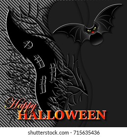Dancing house, trees, bat on original black background for halloween banner, posters, wallpapers, greeting cards, paper cut out style. Vector Halloween illustration.