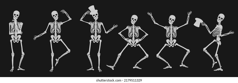 Dancing Human bones skeletons. Different skeleton poses set isolated on black dark background vector illustration.