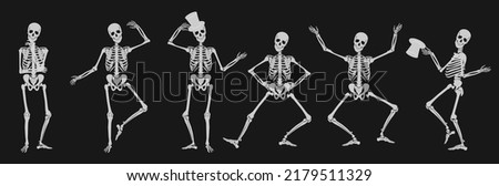 Dancing Human bones skeletons. Different skeleton poses set isolated on black dark background vector illustration.