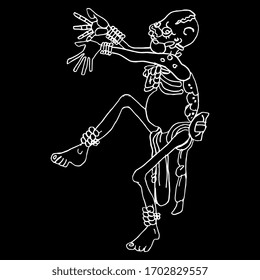 Dancing human skeleton. Mayan mythology. Native American Indian art. Ancient Mexican god of death. Halloween character. Hand drawn linear sketch. White silhouette on black background.