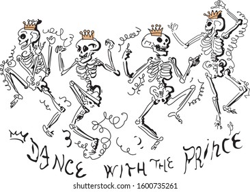 Dancing human skeletons. Happy Halloween. White skeleton silhouettes isolated on black background. Vector illustration
