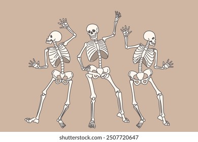 Dancing human skeletons risen from dead and celebrating halloween on october 31st. Funny skeletons made of skulls and bones make energetic movements, having fun at discos after resurrection 