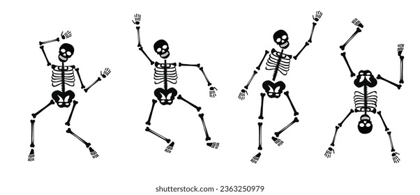 Dancing human skeletons vector set. Different skeleton poses set isolated on dark background vector illustration. Halloween concept. Flat vector in cartoon style isolated on dark background.