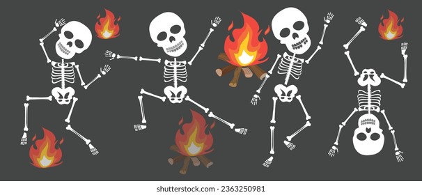 Dancing human skeletons vector set. Different skeleton poses set isolated on dark background vector illustration. Halloween concept. Flat vector in cartoon style isolated on dark background.