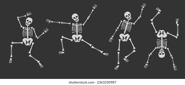 Dancing human skeletons vector set. Different skeleton poses set isolated on dark background vector illustration. Halloween concept. Flat vector in cartoon style isolated on dark background.