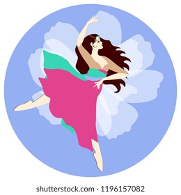 Dancing Indian girl in national clothes on the background of a beautiful white flower. Greeting or invitation card, logo in vector. 