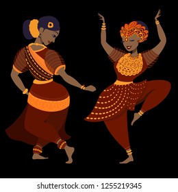 Dancing indian girls. Modern vector Diwali illustration