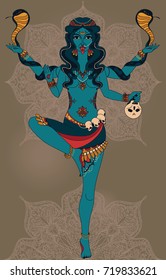 Dancing indian goddess Kali with two snakes and traditional mandala round pattern, vector illustration