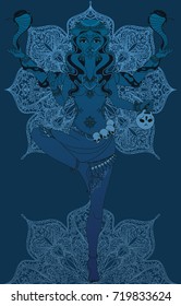 Dancing indian goddess Kali with two snakes and traditional mandala round pattern, deep blue color, vector illustration