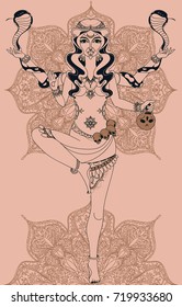 Dancing indian goddess Kali with two snakes and traditional mandala round pattern, vector illustration