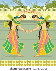 Dancing Indian ladies in Indian art style