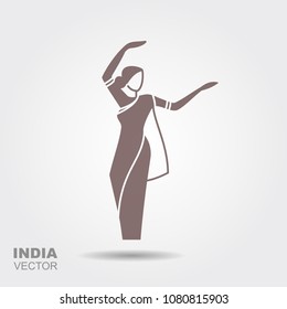 Dancing Indian woman in traditional clothing. Stylized flat icon