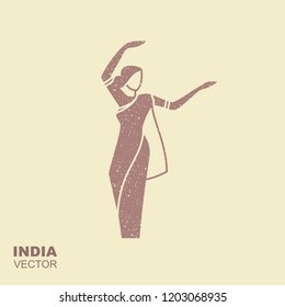 Dancing Indian woman in traditional clothing. Stylized flat icon