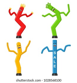 Dancing Inflatable Tube Man Set In Flat Style Isolated On White Background. Wacky Waving Air Hand For Sales And Advertising. Vector Illustration