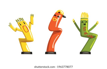 Dancing Inflatable Tube Men Waving Air Hands Set Cartoon Vector Illustration