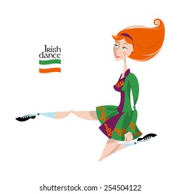Dancing Irish girl in traditional dress. St. Patrick's Day. Seamless background pattern. Vector illustration