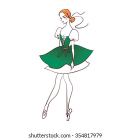 Dancing Irish girl in traditional dress. Vector illustration.